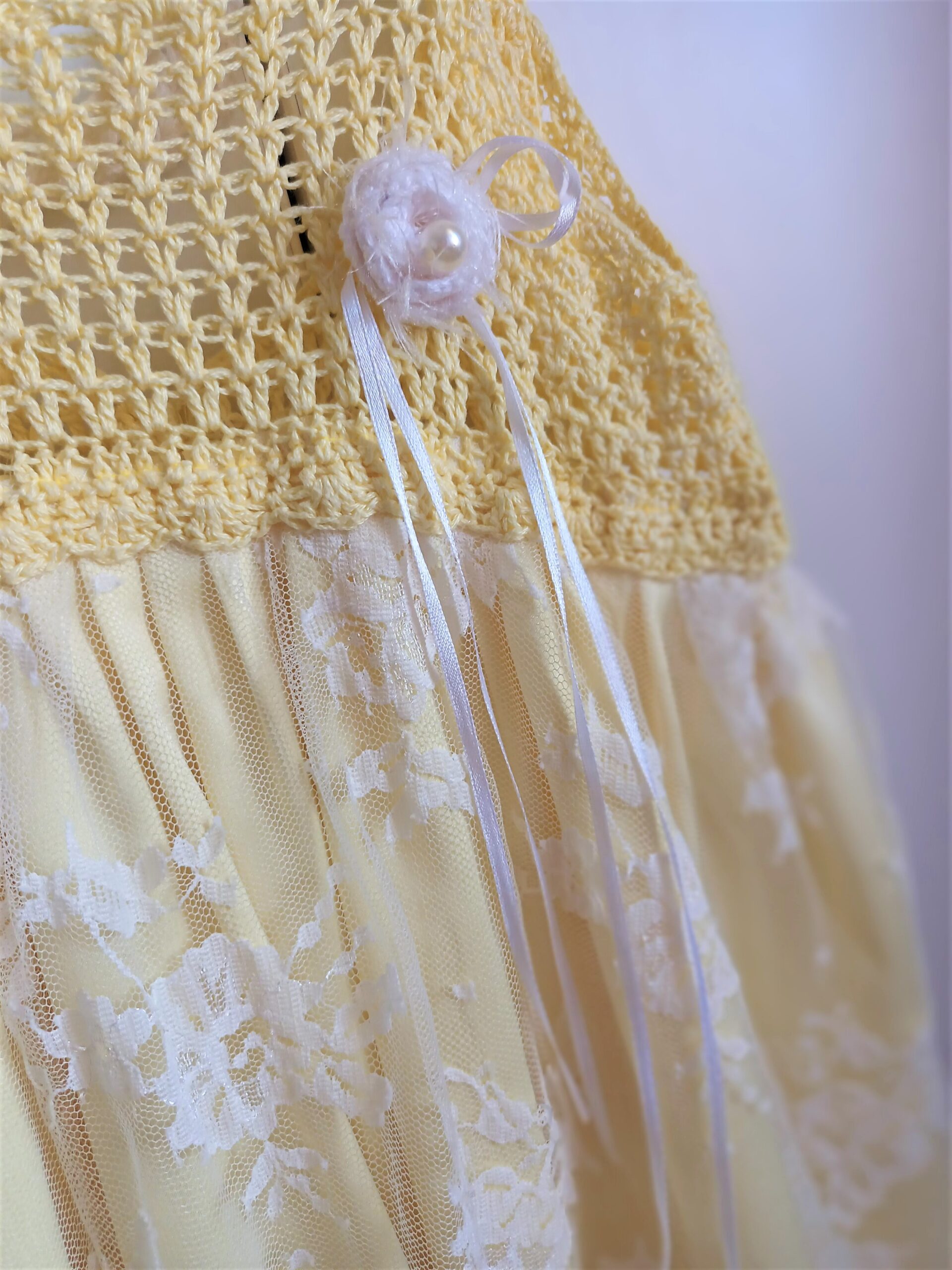 handmade Baby dress made with crochet, satin and lace in yellow and white
